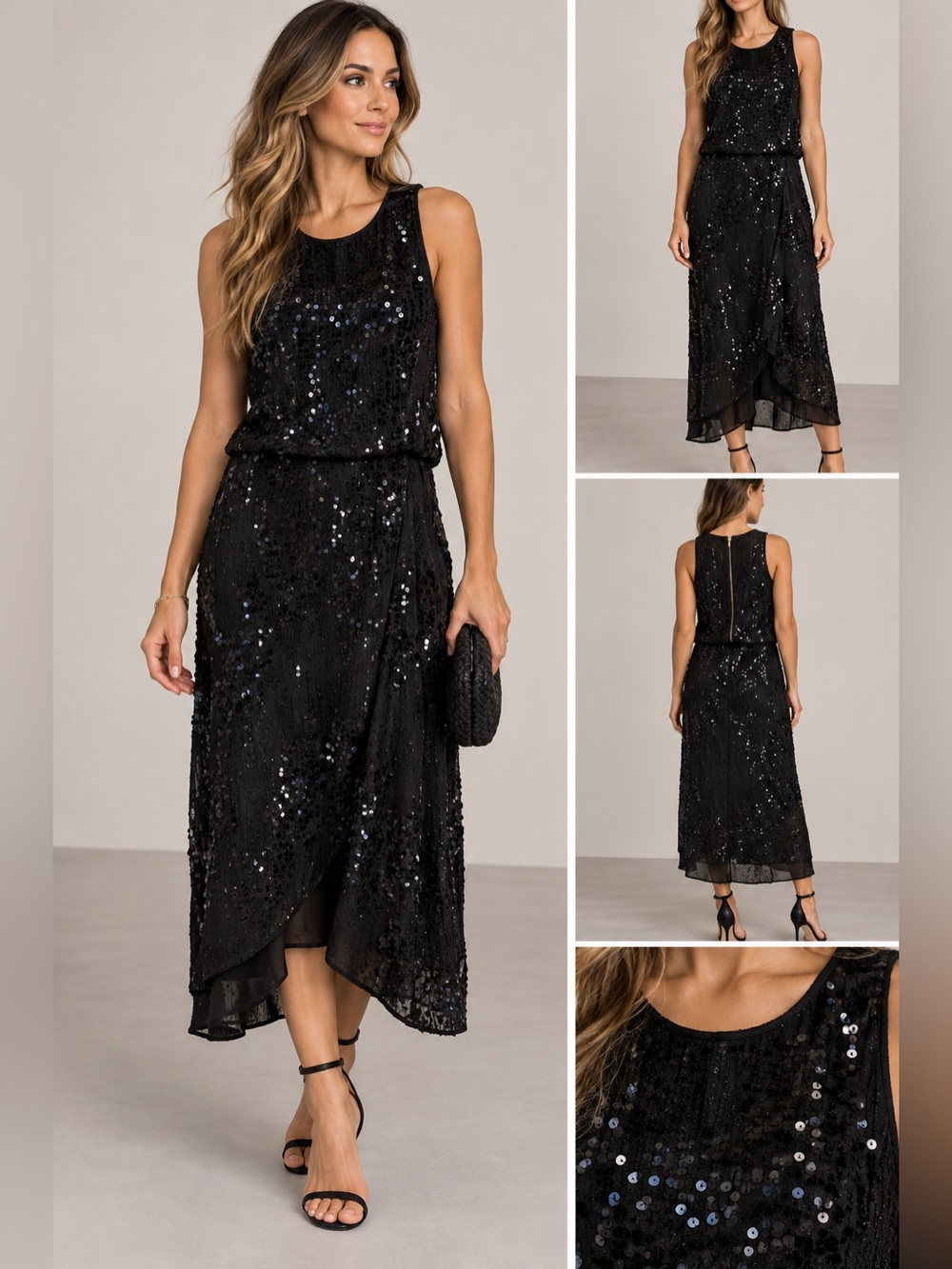 Donna Karan Black Sequin Embellished Midi Dress Size 6 NWT Evening Cocktail